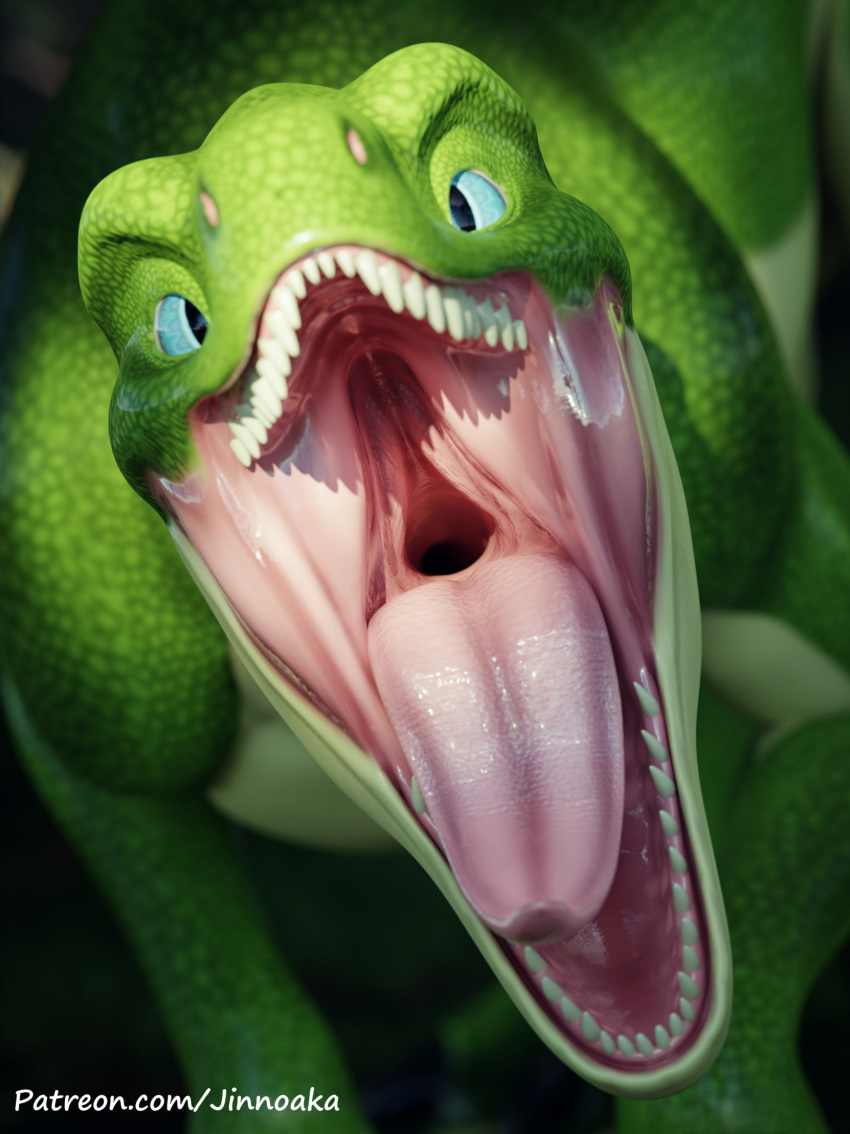 3d_(artwork) ambiguous_gender anterior_nasal_aperture blue_eyes digital_media_(artwork) dinosaur fangs feral green_body green_scales gullet hi_res interceptor looking_at_viewer mouth_shot open_mouth reptile scales scalie teeth theropod throat tongue whiteperson