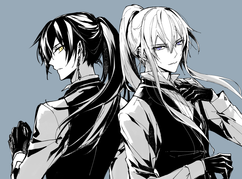 2boys absurdres blue_background collared_shirt commentary_request earrings faust_(mochizuki_shiina) gloves hair_between_eyes hand_up highres jewelry long_hair long_sleeves lucas_(mochizuki_shiina) male_focus mochizuki_shiina monochrome multiple_boys original ponytail purple_eyes shirt simple_background upper_body vest yellow_eyes