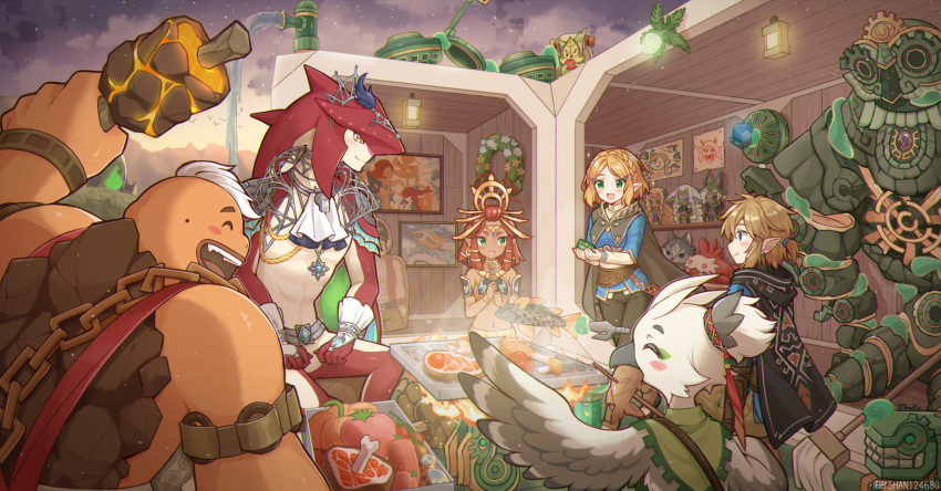 1other 2girls 4boys beak big_cat_shan bird_boy cardboard_cutout character_doll cloak colored_skin cooking daruk evening flower_wreath food gerudo goron highres hudson_(zelda) korok light_dragon_(zelda) link mineru_(zelda) mipha multiple_boys multiple_girls night picture_(object) picture_frame pointy_ears princess_zelda rauru_(tears_of_the_kingdom) red_skin revali riju rito sidon sonia_(zelda) the_legend_of_zelda the_legend_of_zelda:_tears_of_the_kingdom tulin_(zelda) urbosa wolf_link yunobo zonai_device zora