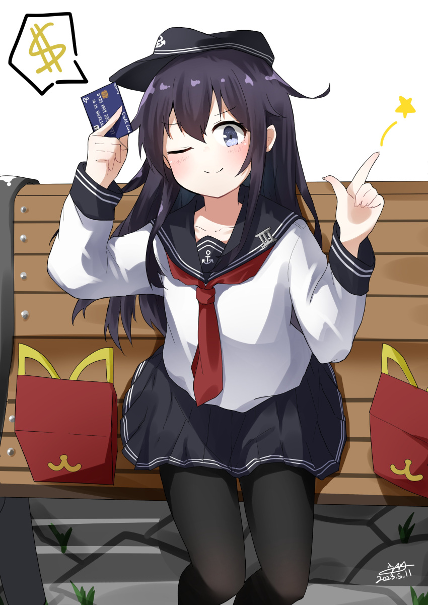 1girl absurdres akatsuki_(kancolle) anchor_symbol arms_up bench black_hair black_headwear black_pantyhose black_sailor_collar black_skirt blush brand_name_imitation card closed_mouth collarbone credit_card dollar_sign doyagao dreamusun feet_out_of_frame flat_cap grey_eyes hair_between_eyes happy_meal hat highres holding holding_card kantai_collection long_hair long_sleeves looking_at_viewer mcdonald's neckerchief one_eye_closed pantyhose pleated_skirt pointing pointing_up red_neckerchief sailor_collar school_uniform serafuku signature simple_background sitting sitting_on_bench skirt smile smug solo spoken_dollar_sign star_(symbol) white_background