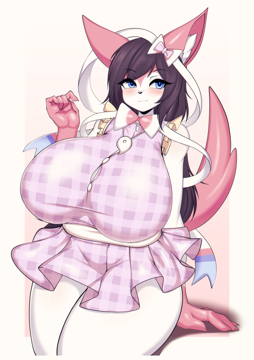 anthro big_breasts black_hair blue_eyes blush blush_lines breasts clothing eeveelution female generation_6_pokemon hair hi_res huge_breasts huge_thighs hyper hyper_breasts nintendo pokemon pokemon_(species) smile solo sylveon tail tailzkim thick_thighs white_body wide_hips