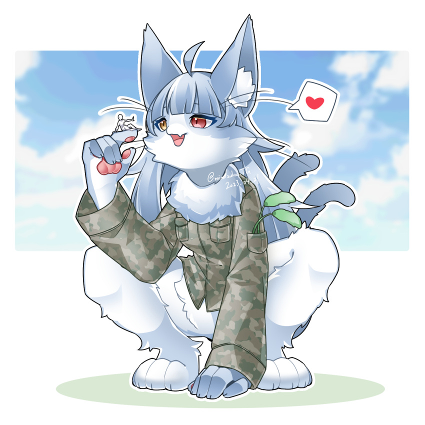 &lt;3 2023 4_toes 5_fingers ahoge ambiguous_gender anon anthro anthro_focus biped black_pupils blue_body blue_ears blue_fur blue_hair blue_inner_ear bottomless bottomless_anthro bottomless_female camo camo_clothing camo_jacket camo_print camo_topwear carrying cheek_tuft claws clothed clothing cloud colored crouching day digital_media_(artwork) digitigrade domestic_cat duo extreme_size_difference eyelashes facial_tuft featureless_crotch feet felid feline felis female female/ambiguous female_anthro female_on_human finger_claws fingerpads fingers fluffy forked_tail front_view full-length_portrait fur gentle_giant glistening glistening_eyes hair heterochromia hi_res holding_character human human_on_anthro humanoid_hands inner_ear_fluff interspecies japan_air_self-defense_force kemono larger_anthro larger_female long_hair looking_at_another macro male_(lore) mammal mimizuku monotone_hair neck_tuft omaneko_(jasdf) on_finger open_mouth open_smile outside pattern_clothing pattern_topwear pawpads pictographics pink_eyes pink_pawpads pink_tongue pockets portrait pupils shaded shirt_pocket short_snout sitting size_difference sky slit_pupils smaller_ambiguous smaller_human smile snout solo_focus speech_bubble tail toe_claws toes tongue topwear tuft unusual_anatomy unusual_tail whiskers white_body white_fur white_inner_ear_fluff yellow_eyes