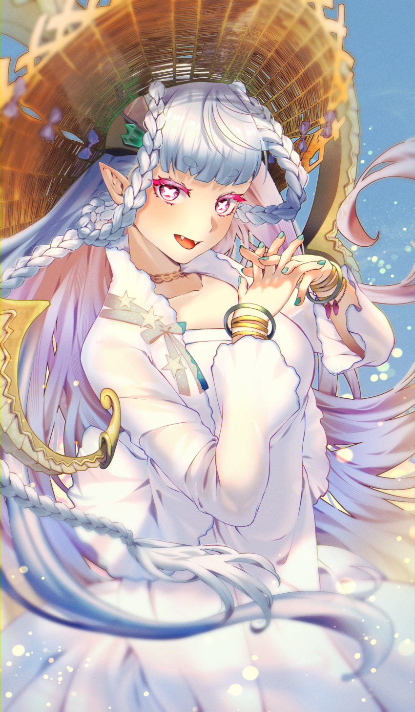1girl aqua_hair bracelet braid breasts choker collarbone curled_horns dress fate/grand_order fate_(series) hair_between_eyes hat highres horns jewelry kac61010 large_breasts larva_tiamat_(event_portrait)_(fate) larva_tiamat_(fate) long_hair long_sleeves looking_at_viewer open_mouth pink_eyes pointy_ears revision sidelocks smile solo straw_hat symbol-shaped_pupils tiamat_(fate) very_long_hair white_dress