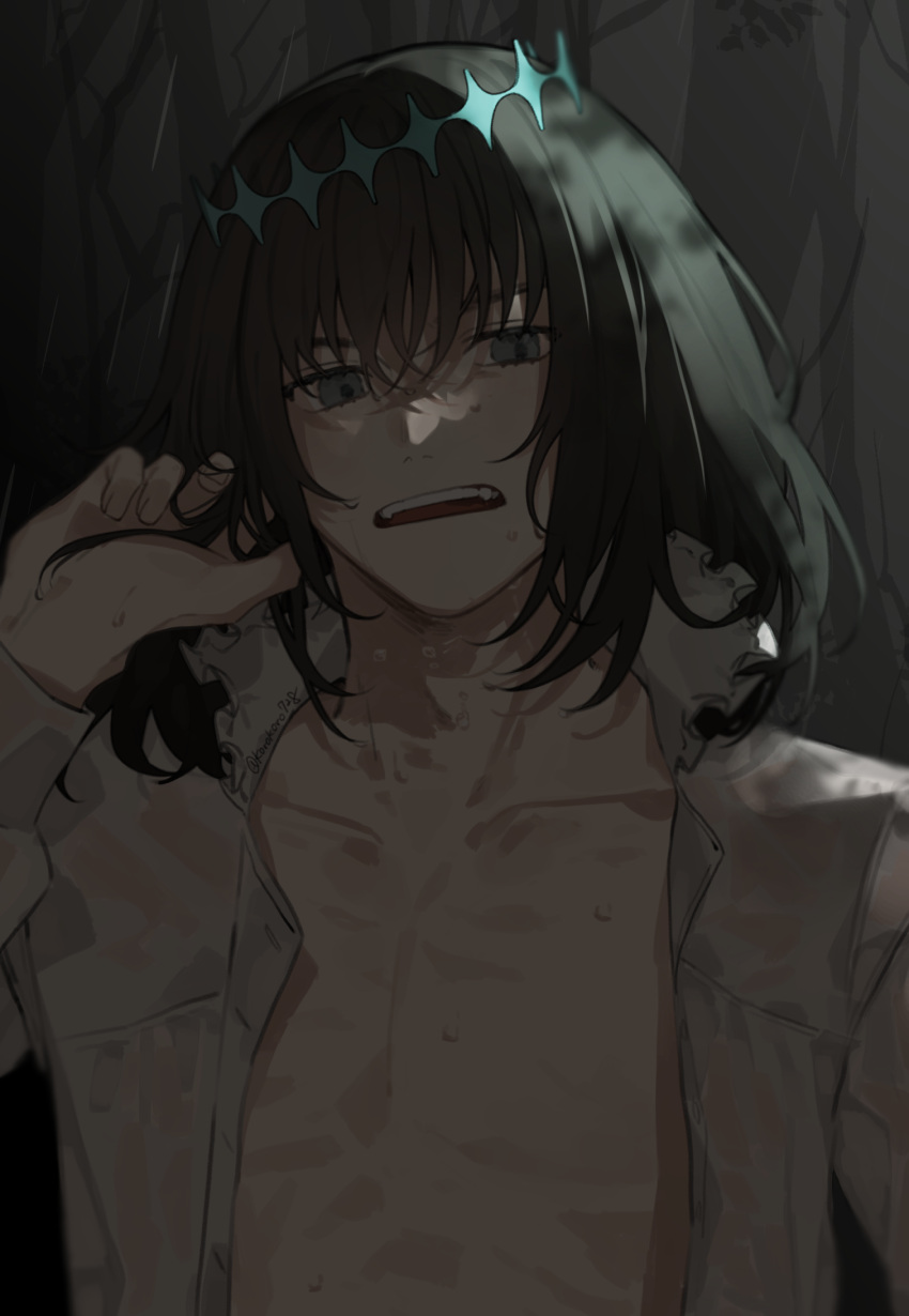 1boy black_hair collarbone eyelashes fate/grand_order fate_(series) frilled_shirt_collar frills grey_background grey_eyes highres looking_at_viewer male_focus medium_hair no_nipples nostrils oberon_(fate) oberon_(third_ascension)_(fate) open_clothes open_mouth open_shirt pectorals romo827 shirt solo sweatdrop teeth twitter_username upper_body upper_teeth_only white_shirt