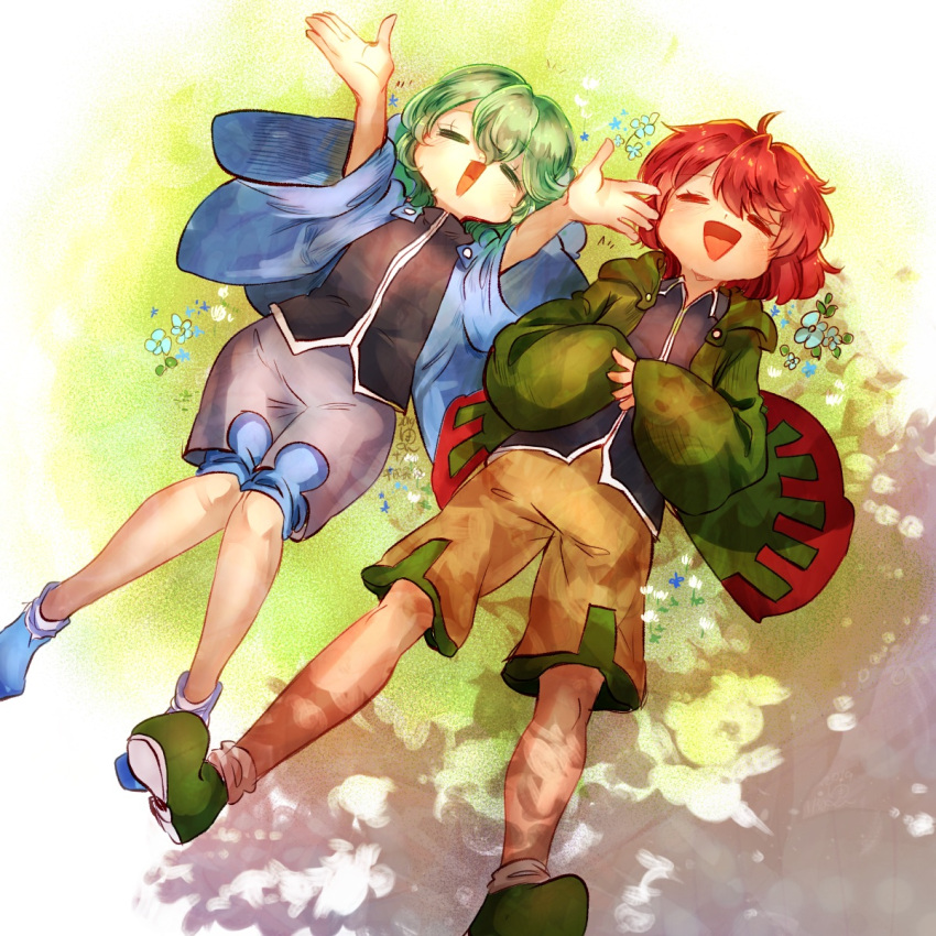2others =_= ahoge androgynous arms_up blue_flower blue_footwear blue_jacket brown_shorts closed_eyes collared_shirt commentary_request flower green_hair green_jacket grey_shorts happy highres hood hood_down hooded_jacket jacket len'en long_sleeves lying multiple_others on_back on_grass open_clothes open_jacket open_mouth other_focus outdoors red_hair relaxing shirt shitodo_aoji shitodo_hooaka short_hair shorts siblings smile socks white_socks yukkyon_kyon