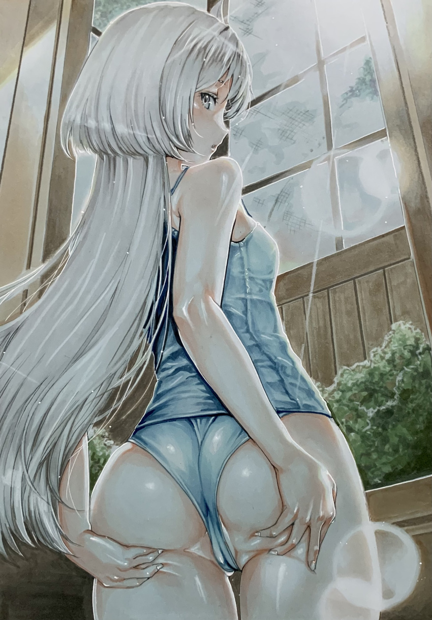 1girl absurdres ass ass_grab bare_shoulders breasts from_behind grabbing_own_ass gundam gundam_suisei_no_majo highres indoors katsu_(24791909) lens_flare long_hair looking_at_viewer looking_back marker_(medium) miorine_rembran old_school_swimsuit one-piece_swimsuit parted_lips partially_visible_vulva plant profile school_swimsuit small_breasts solo spread_ass sunlight swimsuit traditional_media very_long_hair wedgie white_eyes white_one-piece_swimsuit window