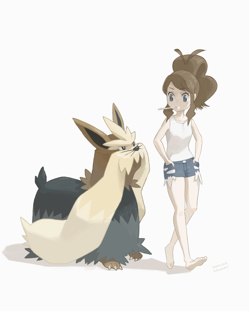 1girl absurdres antenna_hair bare_arms barefoot brown_hair eyelashes hands_in_pockets high_ponytail highres hilda_(pokemon) long_hair looking_down mokuzou_(moku_ssbu) mouth_hold pokemon pokemon_(creature) pokemon_(game) pokemon_bw shirt short_shorts shorts signature standing stoutland tank_top toes white_background white_shirt