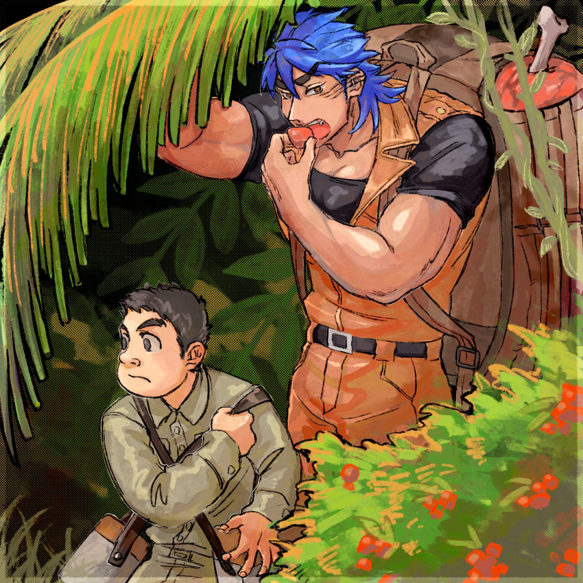 2boys adjusting_strap backpack bag belt black_hair black_shirt blue_hair boned_meat brown_eyes bush closed_mouth collared_shirt commentary desu_bba eating food halftone highres holding holding_food jumpsuit jungle komatsu_(toriko) lapels looking_at_viewer male_focus meat multiple_boys muscular muscular_male nature notched_lapels open_mouth orange_jumpsuit palm_leaf pectorals plant scar scar_on_cheek scar_on_ear scar_on_face shirt short_hair sleeveless_jumpsuit thick_eyebrows toriko toriko_(series) transparent_border upper_body vines