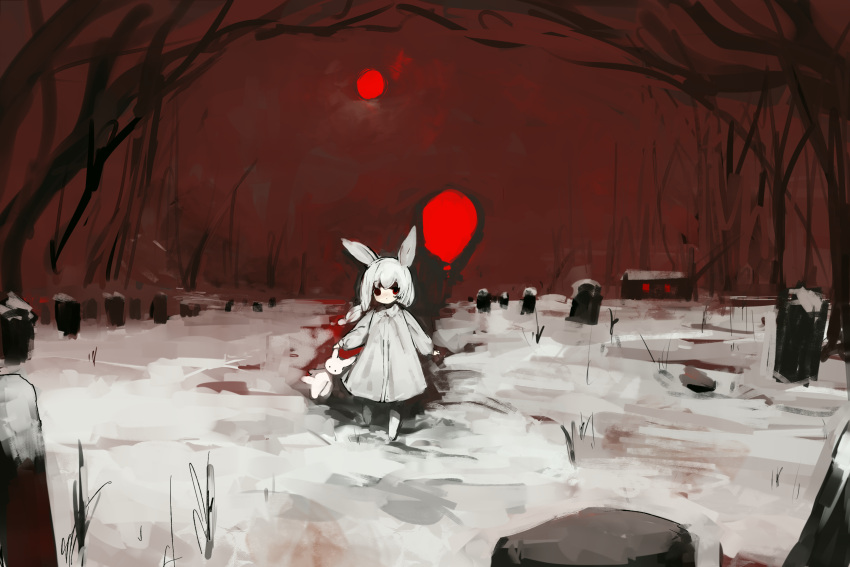 1girl animal_ears balloon braid cabin dress grave highres holding holding_balloon holding_toy long_sleeves moon night rabbit rabbit_ears rabbit_girl rabbit_tail red_eyes red_moon red_sky shaded_face shirokujira sky sleeves_past_wrists snow stuffed_animal stuffed_toy tail toy tree white_dress white_fur white_hair