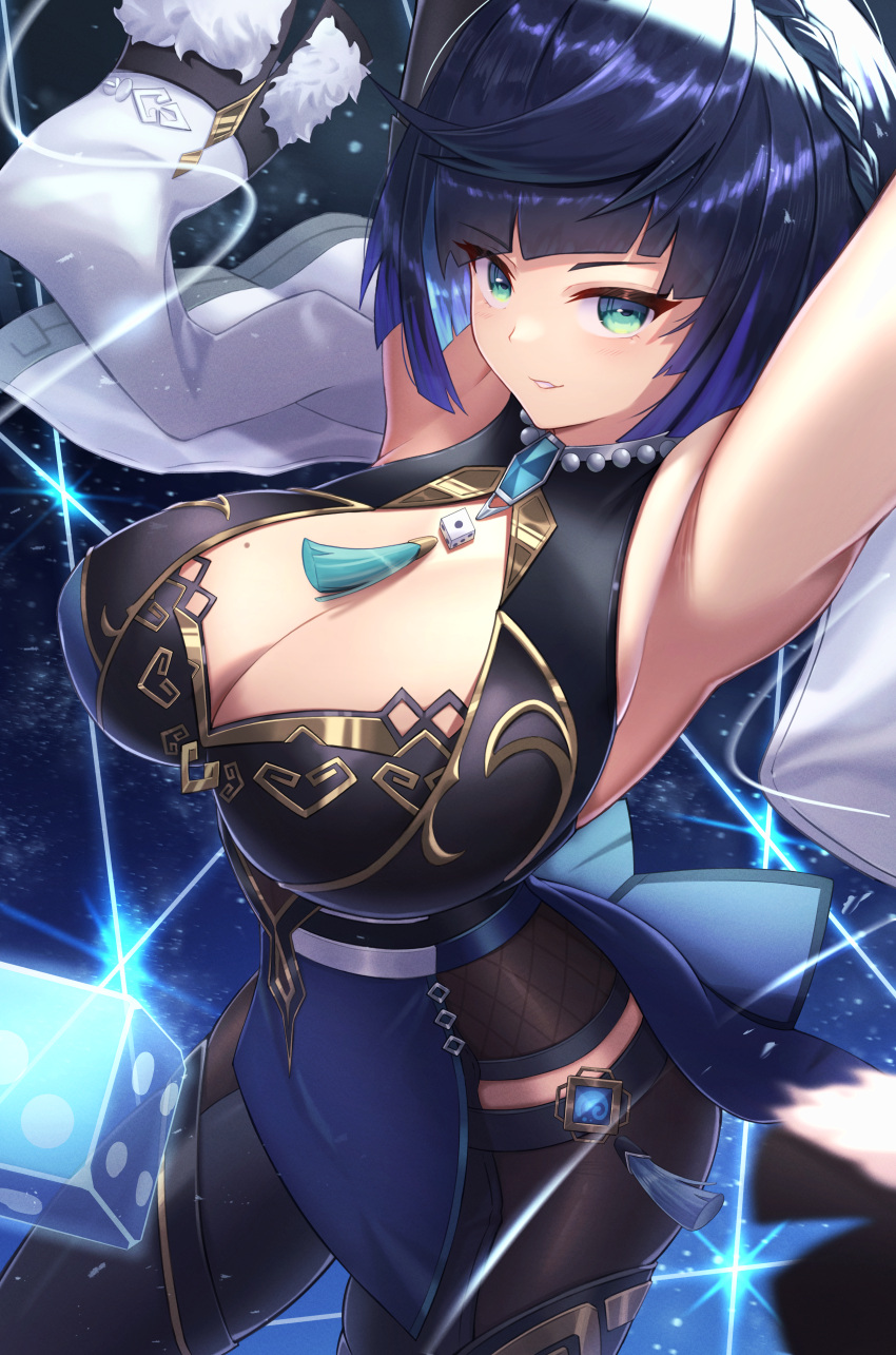 1girl absurdres armpits arms_up ass bead_choker black_hair blunt_bangs breasts chinese_clothes cleavage coat coat_on_shoulders commentary_request dice eiryu33 from_above genshin_impact green_eyes highres long_sleeves looking_at_viewer looking_up mole mole_on_breast parted_lips short_hair sidelocks sleeveless smile solo stretching string vision_(genshin_impact) yelan_(genshin_impact)