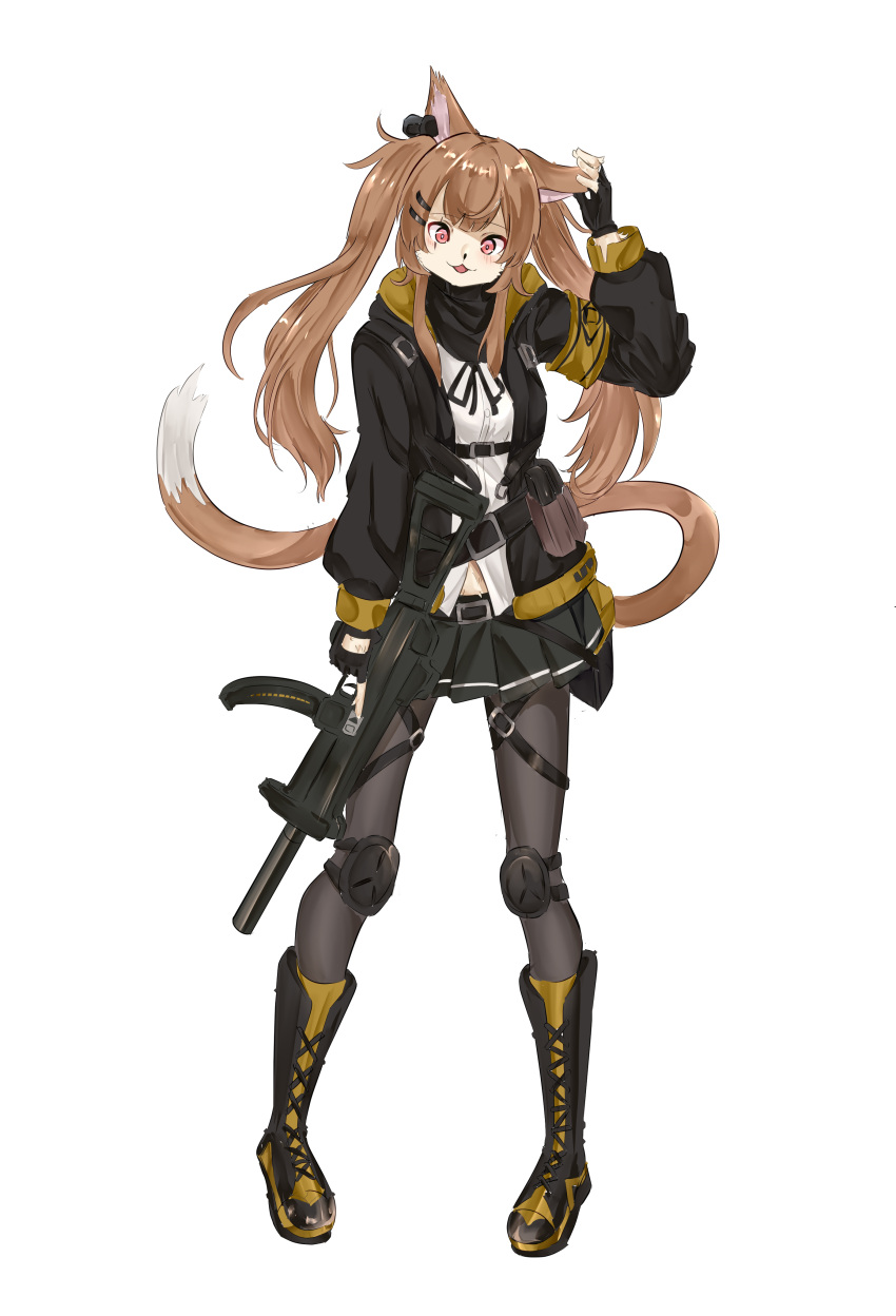 1girl :3 absurdres animal_ears black_ribbon black_skirt blush boots brown_hair brown_tail cat_ears cat_tail commentary cross-laced_footwear fingerless_gloves full_body furrification furry furry_female girls'_frontline gloves gun h&amp;k_ump hair_ornament hair_ribbon hairclip hand_on_own_ear highres holding holding_gun holding_weapon jacket knee_pads long_hair long_sleeves looking_at_viewer midriff_peek mutugorou_u neck_ribbon open_mouth pantyhose red_eyes ribbon scar scar_across_eye scar_on_face shirt skirt smile solo submachine_gun tail trigger_discipline twintails ump9_(girls'_frontline) weapon white_shirt yellow_armband