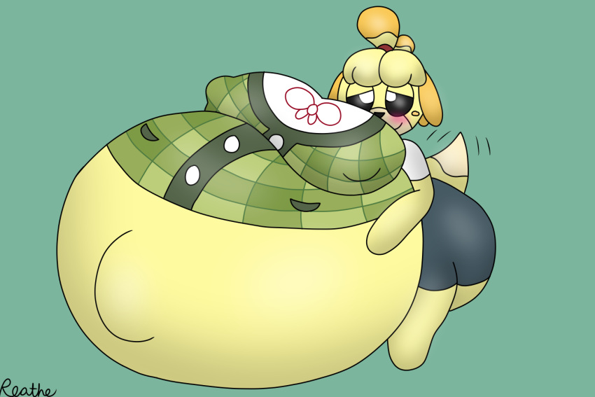 animal_crossing aroused belly big_belly big_breasts big_butt blue_clothing blush breasts butt clothing female green_clothing hand_on_stomach huge_breasts huge_butt hyper hyper_belly hyper_navel hyper_outie hyper_pregnancy isabelle_(animal_crossing) nintendo nipple_outline pregnant reathe simple_background solo tail tail_motion tailwag tight_clothing yellow_body