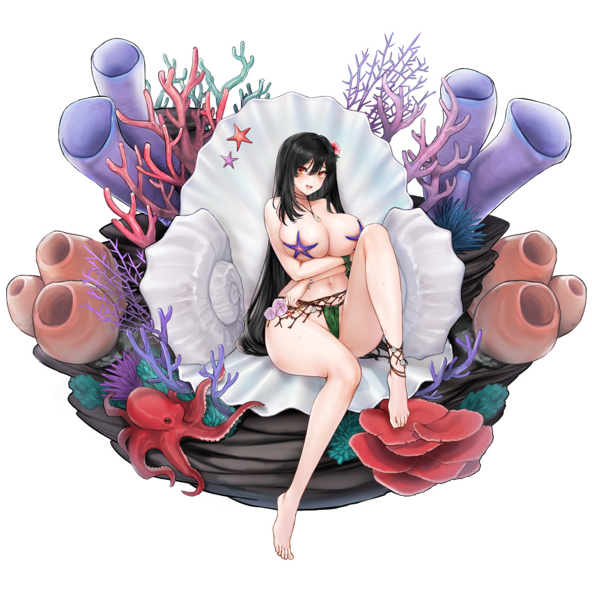 05565 1girl amphitrite_(last_origin) anklet areola_slip arms_under_breasts barefoot black_hair bracelet breasts cleavage collarbone coral flower full_body fundoshi hair_between_eyes hair_flower hair_ornament highres japanese_clothes jewelry kelp large_breasts last_origin leaf_bikini leaf_bracelet leg_up long_hair looking_at_viewer navel necklace net octopus official_alternate_costume official_art open_mouth pink_flower red_eyes seaweed shell_necklace simple_background sitting skindentation smile solo starfish_bikini sweat swimsuit tachi-e third-party_source transparent_background