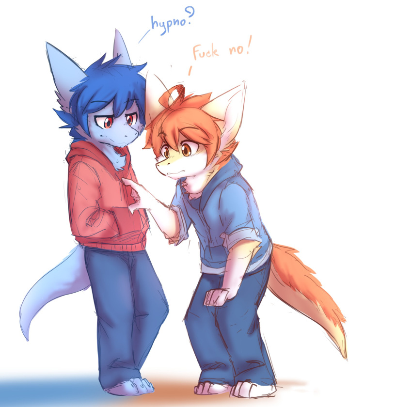 anthro arm_tuft blue_bottomwear blue_clothing blue_hair blue_hoodie blue_pants blue_topwear bottomwear clothed clothing dragon duo elbow_tuft fur furred_dragon hair hi_res hoodie kutto kuttoyaki male mouth_closed narrowed_eyes orange_body orange_eyes orange_fur orange_hair orange_tail pants red_clothing red_eyes red_hoodie red_topwear simple_background standing tail topwear tuft white_background white_body white_fur yellow_body yellow_fur yellow_tail
