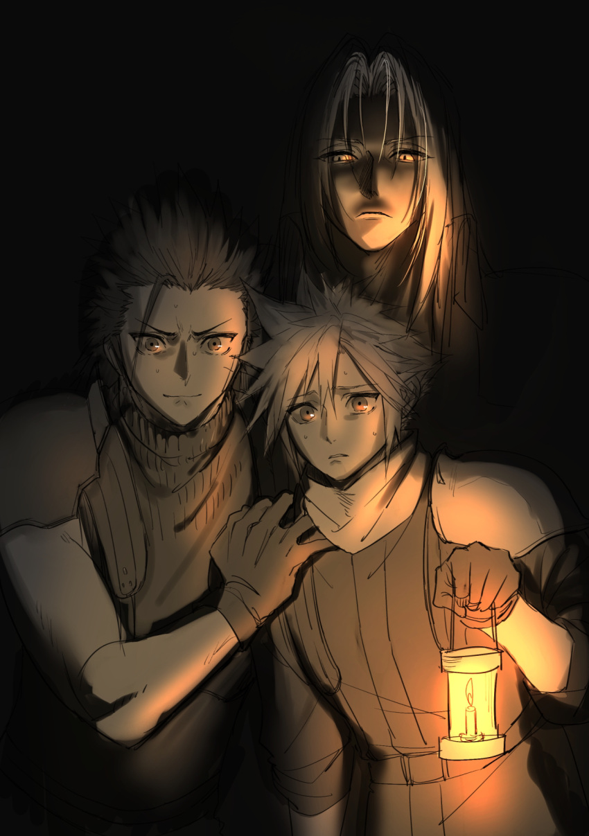 3boys ah_yoshimizu candle candlelight cloud_strife commentary_request crisis_core_final_fantasy_vii dark final_fantasy final_fantasy_vii final_fantasy_vii_remake gloves highres holding holding_candle male_focus multiple_boys scared scarf sephiroth shinra_infantry_uniform short_hair sleeveless sleeveless_turtleneck smile sweatdrop sweater turtleneck turtleneck_sweater zack_fair