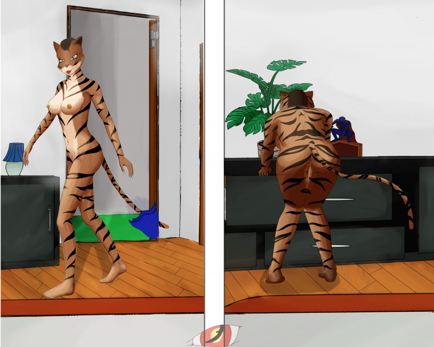 anthro bed bethesda_softworks blackreaper_bk201 feamale felid female first_person_view furniture green_eyes hi_res invalid_tag khajiit knuddelt_bren mammal nude pantherine room_inside solo the_elder_scrolls tiger walking