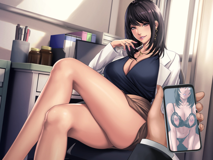 1boy 1girl black_bra bottle bra breasts brown_skirt cleavage crossed_legs cupless_bra curtains dangle_earrings desk doctor earrings grin holding holding_phone infection_monitor_(arknights) jewelry lab_coat large_breasts looking_at_viewer miniskirt necklace nipple_piercing original out_of_frame panties parted_lips pen phone piercing pink_nails ring sadakage shirt_tucked_in sitting skirt smile swept_bangs thighs underwear window