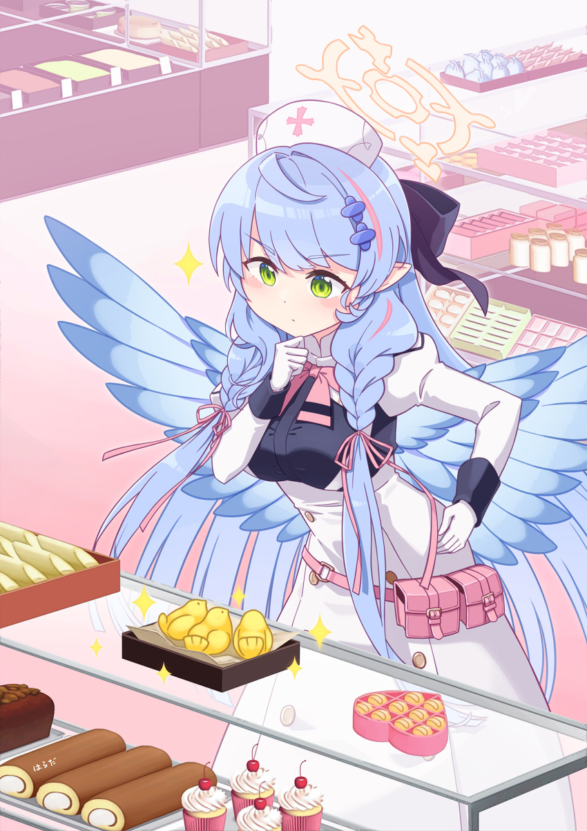 1girl black_shirt blue_archive blue_wings braid breasts cake closed_mouth commentary_request cupcake dress feathered_wings food gloves green_eyes halo hand_on_own_hip hand_up harada_(sansei_rain) hat highres juliet_sleeves long_hair long_sleeves medium_breasts mine_(blue_archive) multicolored_hair nurse_cap pink_hair puffy_sleeves shirt solo sparkle streaked_hair swiss_roll twin_braids v-shaped_eyebrows very_long_hair white_dress white_gloves white_headwear wings