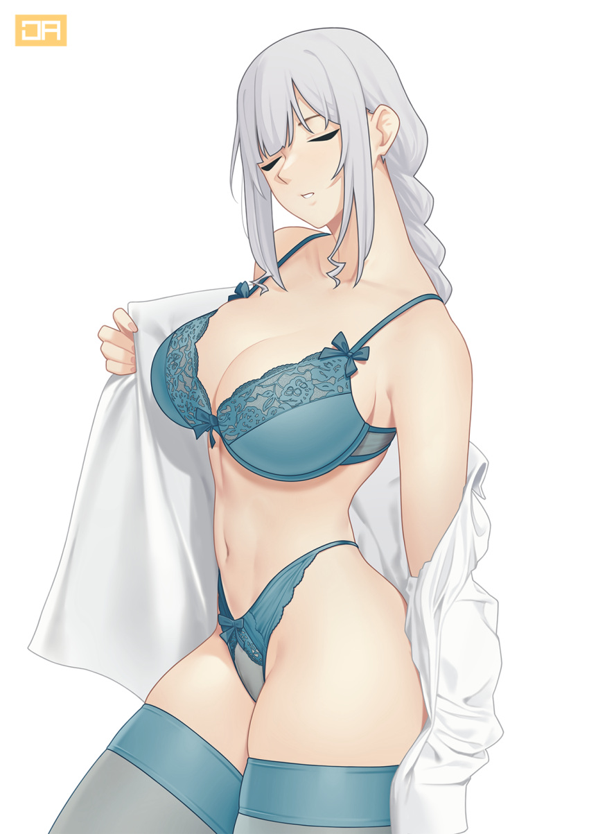 1girl ak-12_(girls'_frontline) blue_bra blue_panties blue_pantyhose bra braid braided_ponytail breasts closed_eyes collarbone girls'_frontline highres j_adsen large_breasts lingerie long_hair looking_at_viewer navel panties pantyhose shirt shirt_partially_removed simple_background solo stomach underwear undressing white_background white_hair