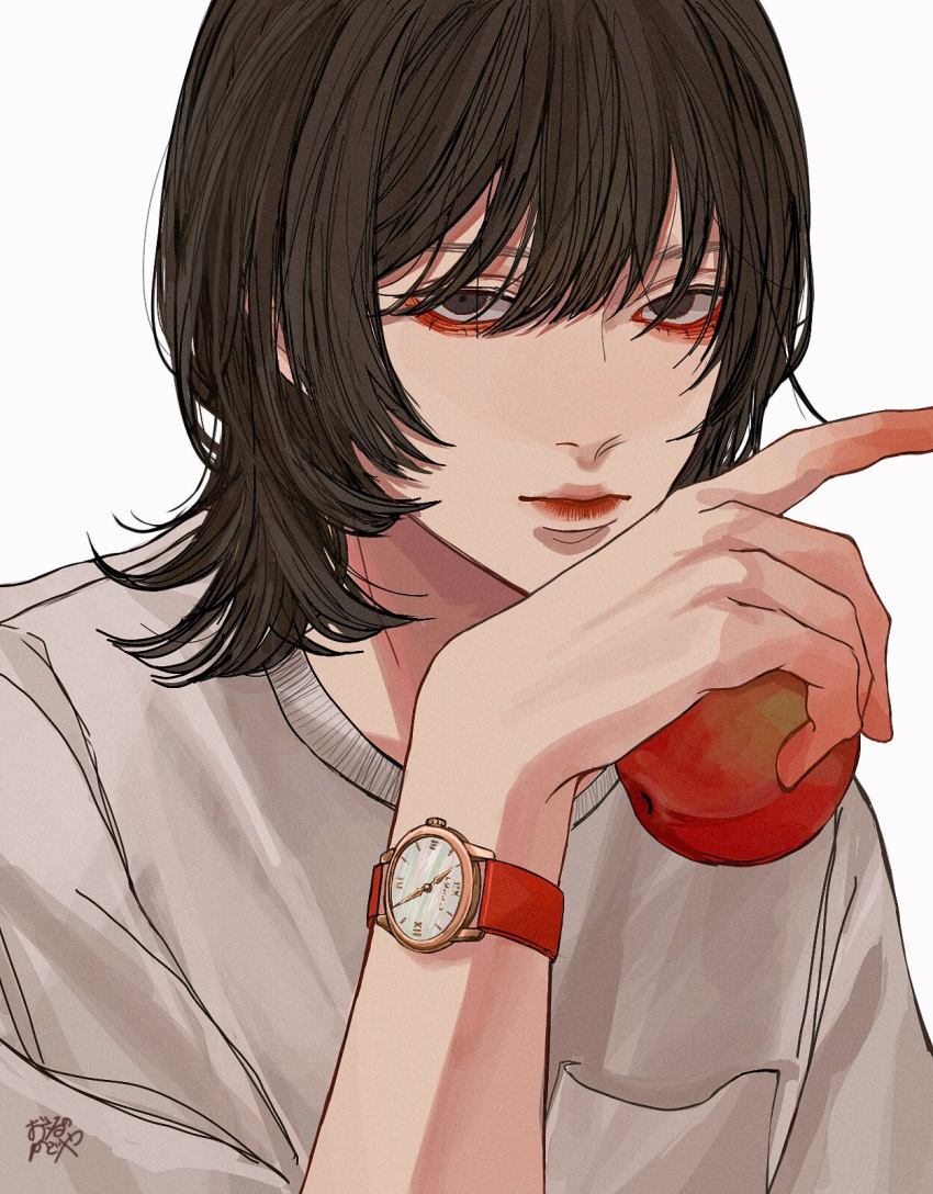 1boy androgynous apple bishounen black_hair breast_pocket brown_eyes closed_mouth food fruit hand_up highres holding holding_food holding_fruit kagoya1219 lia_kulea long_bangs looking_at_viewer male_focus original pocket red_apple shirt signature simple_background solo upper_body watch white_background white_shirt wristwatch