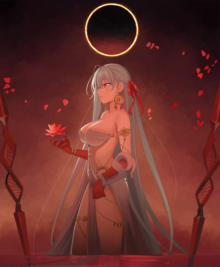 1girl absurdres armlet bare_shoulders belly_chain body_markings bracelet breasts cleavage colored_skin durga_(fate) earrings eclipse fate/grand_order fate_(series) flower gradient_skin grey_hair hair_ribbon highres jewelry large_breasts long_hair pelvic_curtain petals quatthro red_eyes red_skin revealing_clothes ribbon sash snake solo thighs thumb_ring very_long_hair wading water weapon
