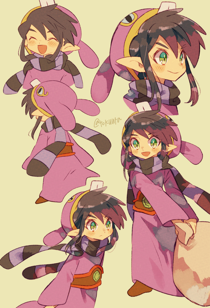 1boy animal_hood back bag blush commentary_request hat highres hood jewelry looking_at_viewer male_focus pointy_ears purple_hair purple_sweater rabbit_hood ravio rupee_(zelda) sheerow solo sweater the_legend_of_zelda the_legend_of_zelda:_a_link_between_worlds tokuura tunic