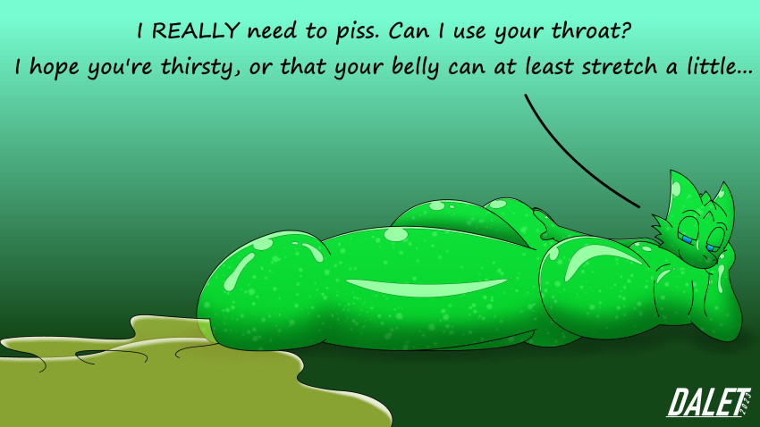 absurd_res anthro balls bedroom_eyes belly big_balls big_belly big_penis blue_eyes bodily_fluids daletfours dialogue dominant dragon genital_fluids genitals glistening glistening_body goo_creature goo_dragon gradient_background green_body hand_on_leg hand_on_own_leg hand_on_own_thigh hand_on_thigh hi_res honeydew_(daletfours) huge_balls huge_penis hyper hyper_balls hyper_genitalia hyper_penis looking_at_viewer lying male moobs narrowed_eyes on_side overweight overweight_male peeing penis seductive simple_background smile solo talking_to_viewer urine urine_pool