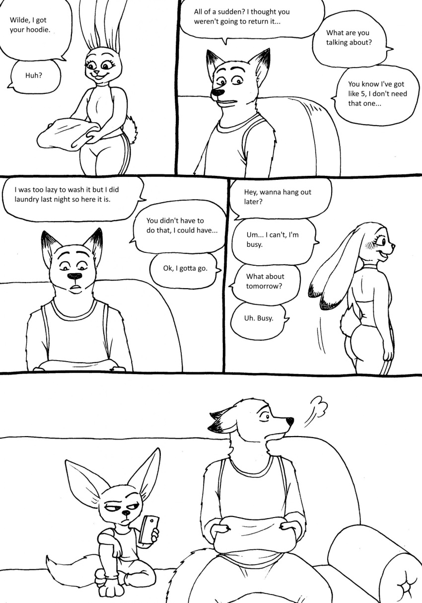 2023 3_toes 4_fingers anthro barefoot bernielover breasts butt canid canine cellphone claws clothed clothing comic dialogue disney english_text feet female fennec finger_claws fingers finnick_(zootopia) fox fur furniture group hi_res hindpaw hoodie humanoid_hands judy_hopps lagomorph leporid male mammal nick_wilde on_sofa paws phone rabbit shirt sitting sitting_on_sofa smartphone sofa speech_bubble tank_top text toes topwear trio zootopia