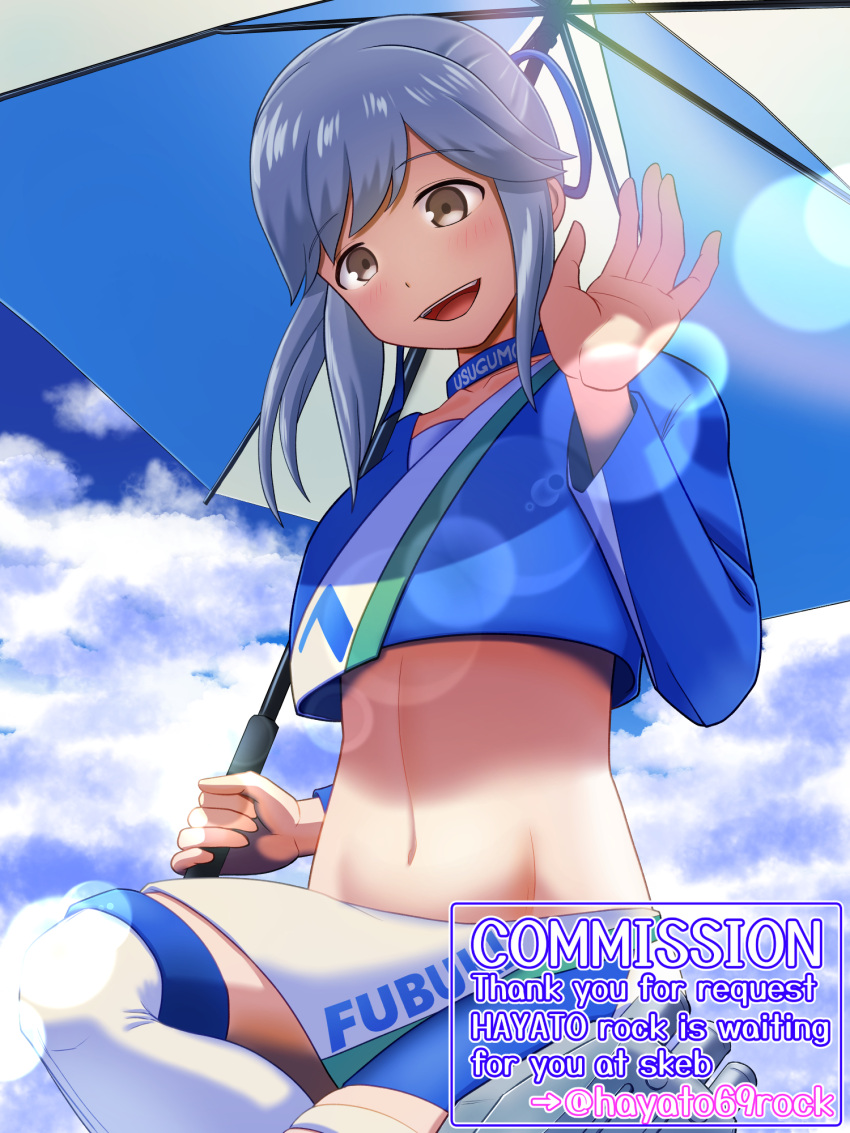 blue_shirt blue_sky brown_eyes clothes_writing cloud commentary_request commission english_text grey_hair groin hayato_rock highres kantai_collection lens_flare long_hair midriff official_alternate_costume ponytail race_queen shirt skeb_commission skirt sky thighhighs umbrella usugumo_(kancolle) waving white_skirt white_thighhighs