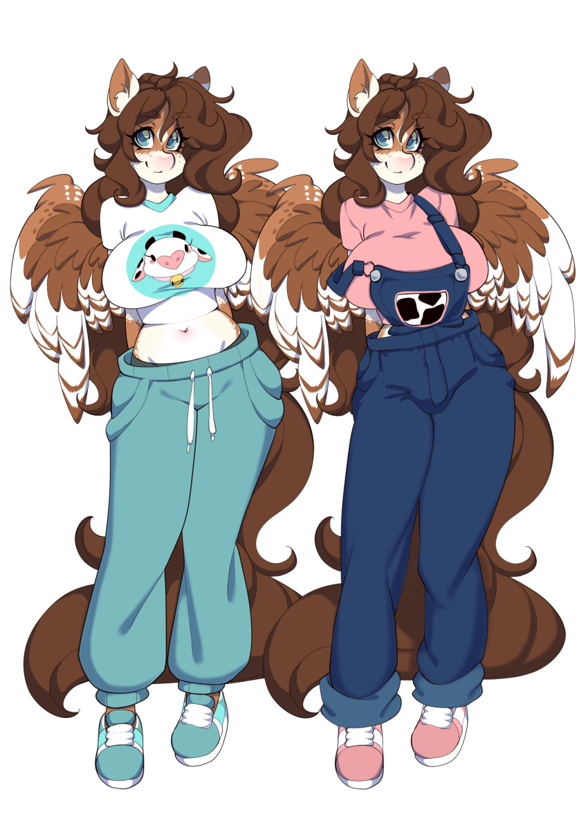 animal_print anthro blue_eyes brown_hair brown_wings clothing cow_print denim_overalls equid equine fan_character footwear hair hasbro hi_res mabel_(oc) mammal multicolored_wings my_little_pony overalls pegasus plantigrade shoes simple_background standing sweatpants three-tone_wings tolsticot white_background white_wings wings