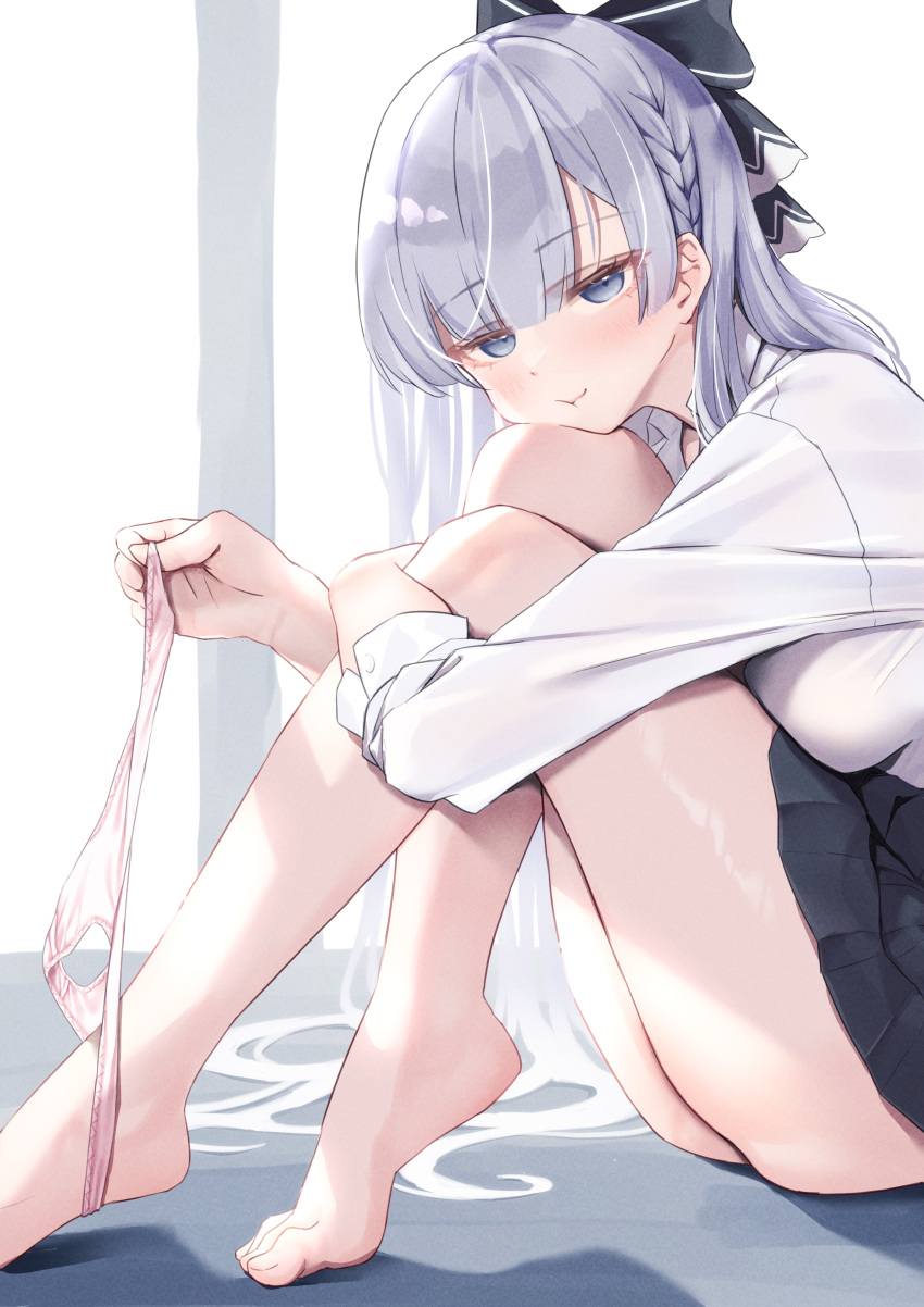 1girl absurdres argus_(a_hundred_sleepless_eye)_(azur_lane) argus_(azur_lane) azur_lane barefoot black_skirt blue_eyes blue_hair blunt_bangs breasts classic_(zildjian33) feet hair_ribbon highres knees_apart_feet_together knees_up large_breasts legs long_hair long_sleeves looking_at_viewer official_alternate_costume panties panties_removed pout ribbon shirt sitting skirt solo thighs toenails toes underwear uniform white_shirt