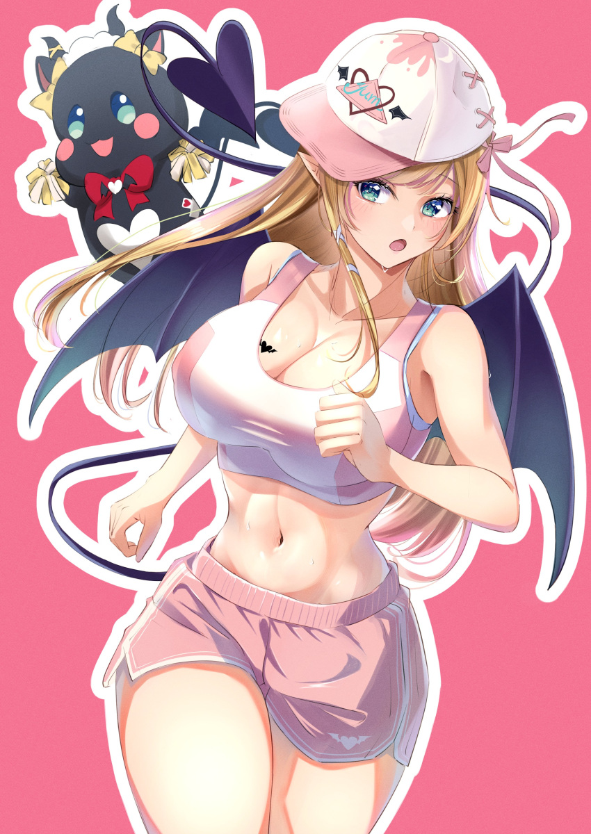 absurdres baseball_cap blonde_hair breasts cleavage crop_top demon_horns hat highres hololive horns jogging large_breasts long_hair midriff navel oekaki_zombie pointy_ears shorts sports_bra sweat tail tattoo wings yuzuki_choco