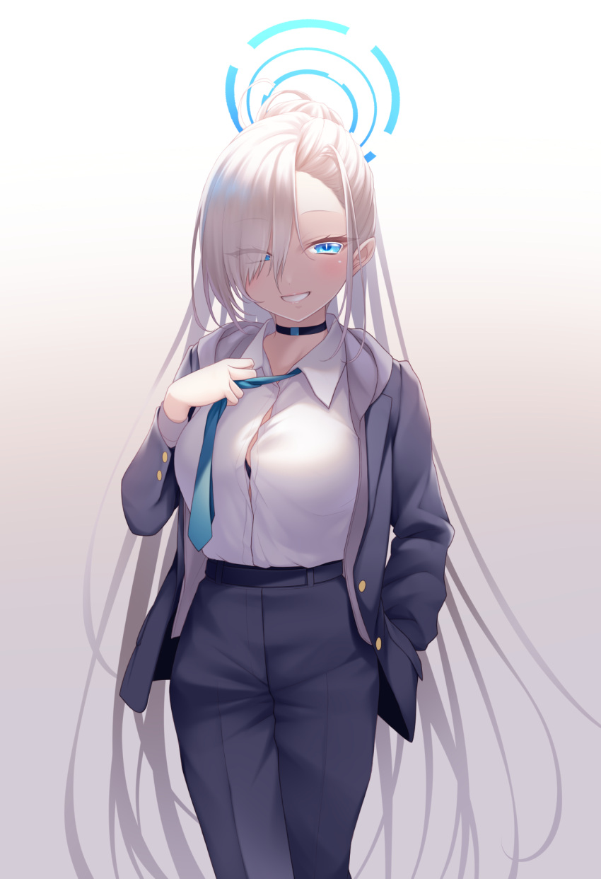 1girl :d adjusting_clothes adjusting_necktie alternate_costume asuna_(blue_archive) backlighting bangs belt black_pants blue_archive blue_eyes business_suit button_gap choker collared_shirt commentary_request formal gradient_background grey_hair hair_over_one_eye halo hand_in_pocket highres long_hair long_sleeves looking_at_viewer midorino_eni necktie pants ponytail shirt sidelocks simple_background smile solo suit undone_necktie very_long_hair