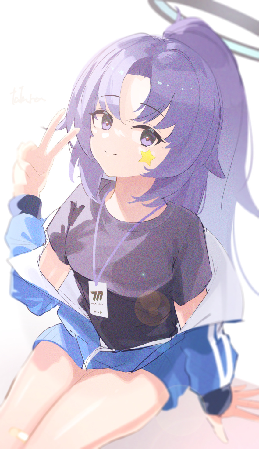1girl black_shirt blue_archive blue_jacket breasts closed_mouth hair_intakes halo hand_up highres jacket long_hair long_sleeves looking_at_viewer medium_breasts off_shoulder partially_unzipped ponytail purple_eyes purple_hair shirt simple_background smile solo star_(symbol) sticker tatara_(alnath_may) upper_body v yuuka_(blue_archive) yuuka_(track)_(blue_archive)