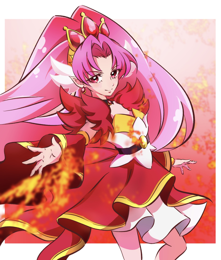 1girl absurdres akagi_towa brooch closed_mouth cure_scarlet detached_sleeves dress earrings fire from_side fur-trimmed_dress fur_trim go!_princess_precure highres jewelry kengo_kumaxile long_hair looking_at_viewer magical_girl parted_bangs pink_hair precure reaching reaching_towards_viewer red_dress red_eyes red_sleeves short_dress sleeveless sleeveless_dress smile solo standing tiara very_long_hair wide_sleeves