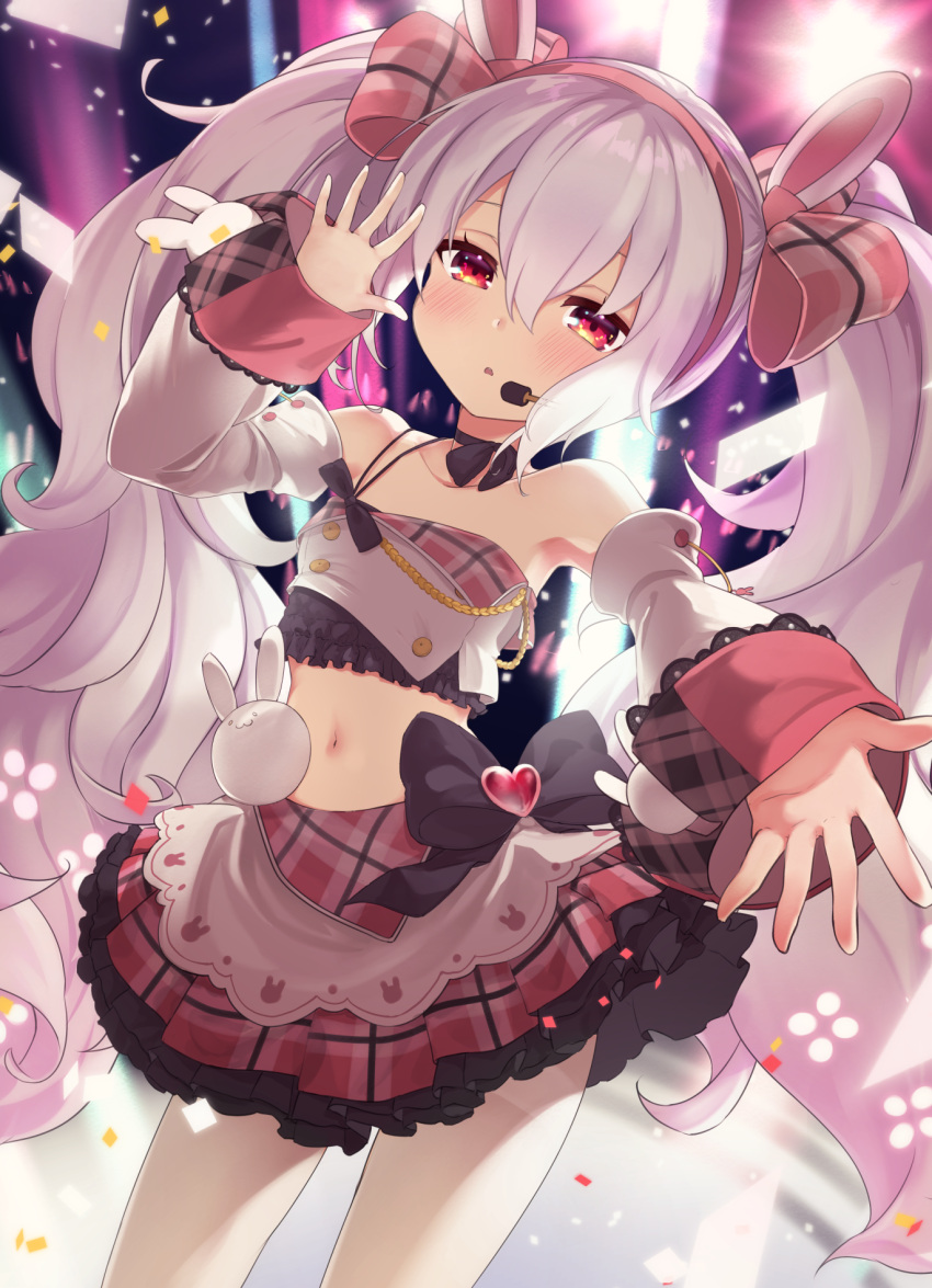 1girl animal_ears arm_up azur_lane bare_shoulders big_hair black_bow black_bowtie black_collar blush bow bow_skirt bowtie collar colored_skin concert contrapposto cowboy_shot crop_top detached_sleeves expressionless fake_animal_ears flat_chest frilled_skirt frills glowing hair_between_eyes hair_bow hairband half-closed_eyes hand_up heart highres kyouya0514 laffey_(azur_lane) layered_skirt long_hair long_sleeves looking_at_viewer midriff miniskirt multicolored_skin multiple_hair_bows navel outstretched_arm parted_lips plaid plaid_bow plaid_skirt rabbit_ears red_eyes red_hairband skirt solo stage_lights standing strapless tube_top twintails very_long_hair white_hair white_sleeves wide_sleeves