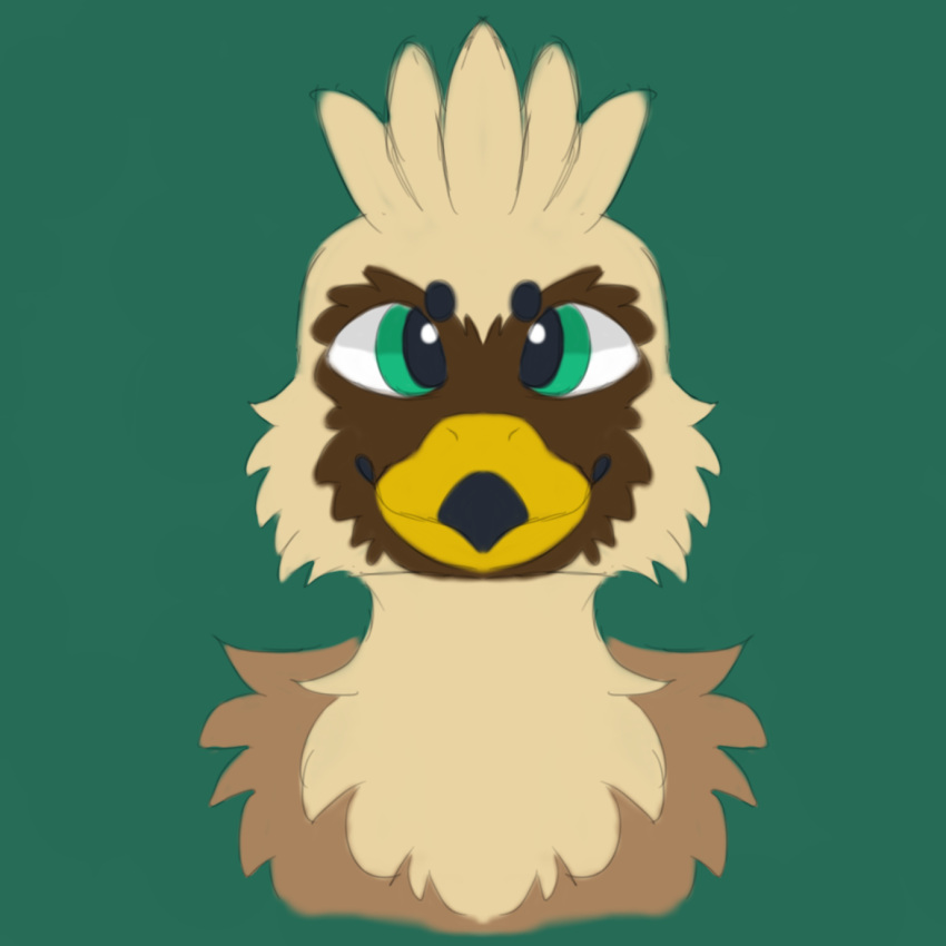 1:1 alcinahyena avian beak brown_body countershading facial_markings feathered_crest feathered_wings feathers female feral green_eyes gryphon head_crest head_markings hi_res markings mask_(marking) mythological_avian mythology portrait quadruped serilde tail tail_tuft tuft wings yellow_body