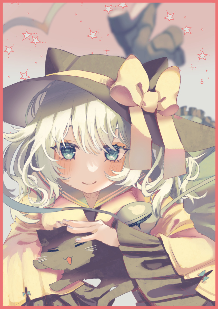 1girl :3 :d animal animal_ear_headwear blue_eyes blurry boots cat culotte_(hosenrock) depth_of_field eyebrows_hidden_by_hair feet_up grey_hair hat highres holding holding_animal holding_cat kaenbyou_rin kaenbyou_rin_(cat) komeiji_koishi looking_at_viewer lying medium_hair on_stomach shirt smile solo star_(symbol) third_eye touhou wide_sleeves yellow_shirt