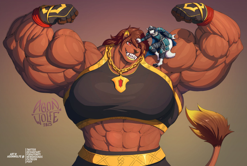 abs agonwolfe anthro arctic_fox armor biceps big_muscles big_teeth canid canine chain clothing cosplay duo felid female flexing flexing_both_biceps fox gloves handwear headpat huge_muscles humanoid hyper hyper_muscles lion lipstick makeup male mammal muscular pantherine