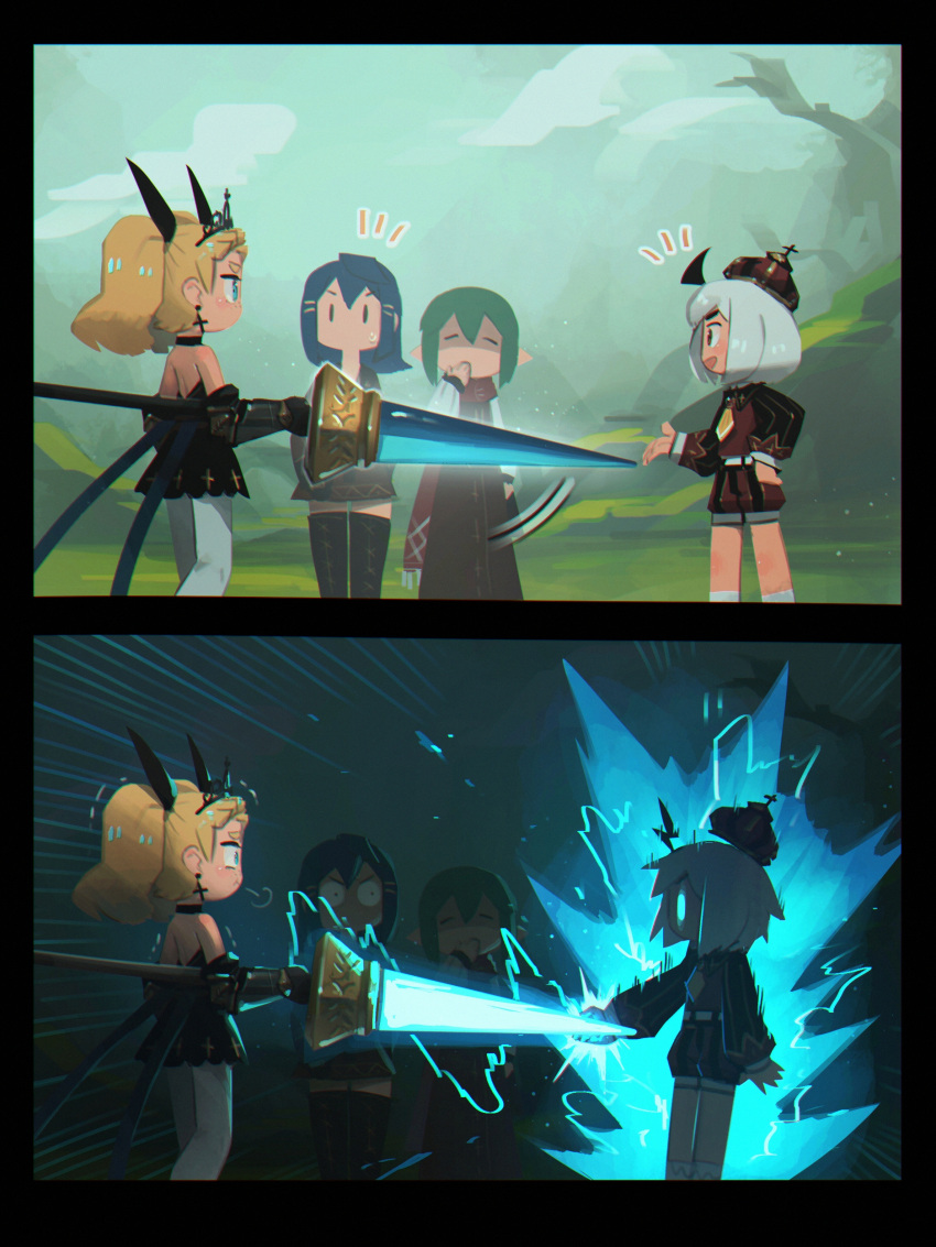 1boy 1other 2girls absurdres ahoge black_dress blonde_hair blue_hair cape covering_mouth cressey_(porforever) crown dress elbow_gauntlets electricity erynn_(porforever) gloves glowing glowing_eyes glowing_weapon green_hair hand_over_own_mouth highres lightning_ahoge long_sleeves medium_hair multiple_girls multiple_hairpins original porforever puffy_shorts shorts tiara twintails wallace_(porforever) weapon white_hair