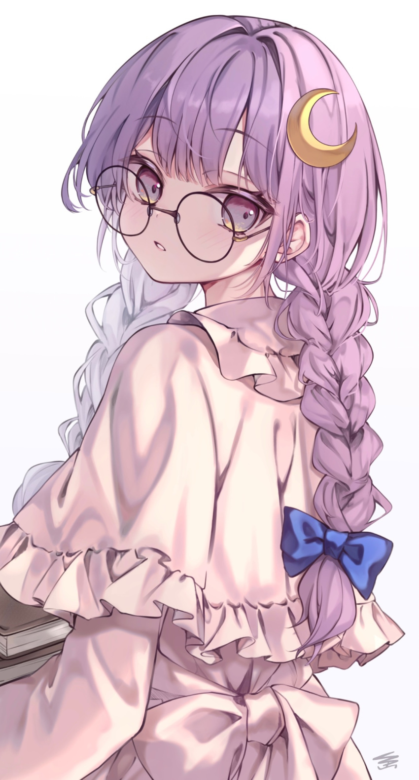 1girl alternate_hairstyle braid crescent crescent_hair_ornament dress glasses hair_ornament highres long_hair long_sleeves open_mouth patchouli_knowledge purple_dress purple_eyes purple_hair round_eyewear signature solo touhou twin_braids upper_body white_background yuineko
