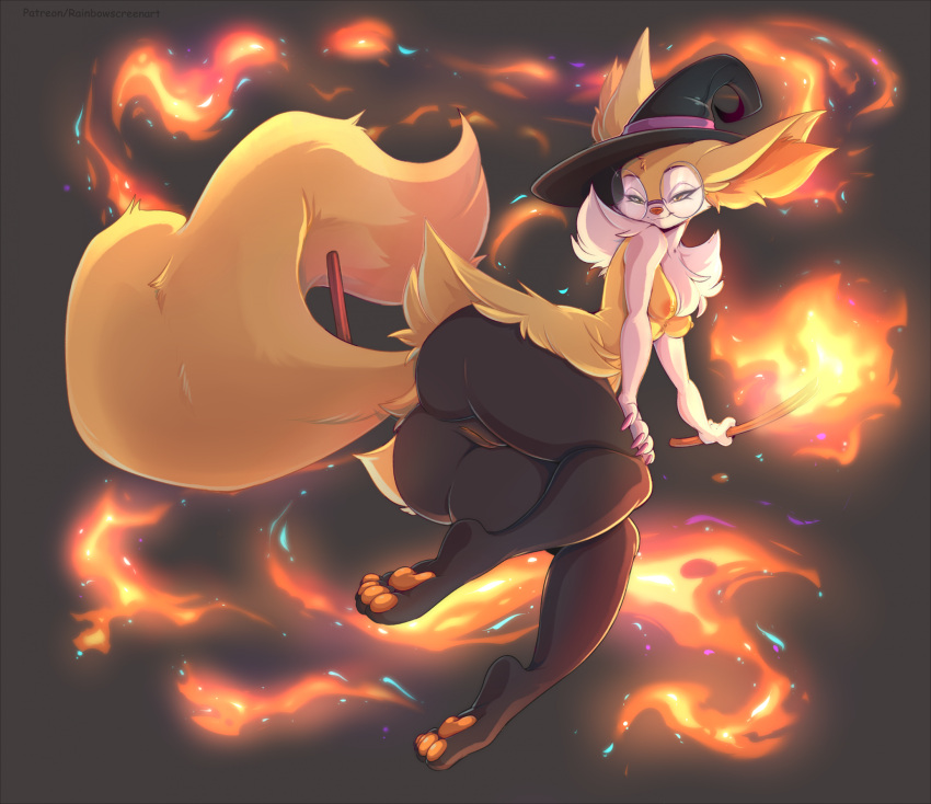 anthro areola big_glasses big_tail black_body black_fur braixen breasts canid clothing eyewear female fire fluffy fluffy_tail fur generation_6_pokemon genitals glasses hat hat_only headgear headgear_only headwear headwear_only hi_res inner_ear_fluff light_(codeco) mammal mostly_nude nintendo nipples nude orange_areola orange_nipples orange_pussy pokemon pokemon_(species) pussy rainbowscreen round_glasses short_stack small_breasts smile solo stick tail tuft wand witch_hat yellow_body yellow_fur