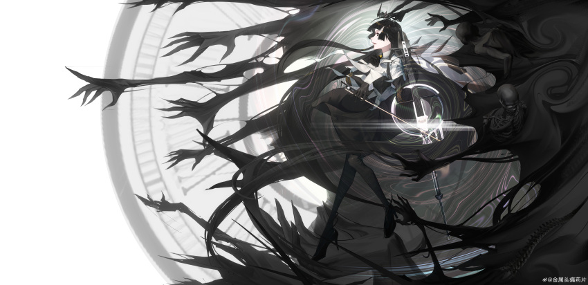 1girl absurdly_long_hair absurdres antenna_hair arknights artist_name ascot belt belt_buckle black_ascot black_bustier black_eyes black_footwear black_gloves black_hair black_halo black_skirt black_thighhighs black_wings blunt_bangs blurry blurry_background bone bow_(music) broken_halo buckle bustier buttons cello chinese_commentary chinese_text clock collared_jacket commentary_request corpse dark_halo depth_of_field detached_wings dress_shirt energy_wings film_grain floating_clothes floating_hair from_side full_body gloves glowing grey_shirt halo hands_up heel_up high_collar high_heels highres hime_cut holding holding_bow_(music) holding_instrument holding_violin incredibly_absurdres instrument jacket layered_sleeves legs long_hair long_sleeves looking_afar looking_ahead miniskirt multiple_hands music open_mouth originium_arts_(arknights) outer_glow pale_skin playing playing_instrument pleated_skirt profile roman_numeral shadow shirt short_over_long_sleeves short_sleeved_jacket short_sleeves sidelocks simple_background skeleton skirt skull smile solo spine standing straight_hair strappy_heels teeth thighhighs very_long_hair violin virtuosa_(arknights) watermark weibo_6449618099 weibo_logo weibo_username white_background white_belt white_jacket wide_sleeves wing_collar wings