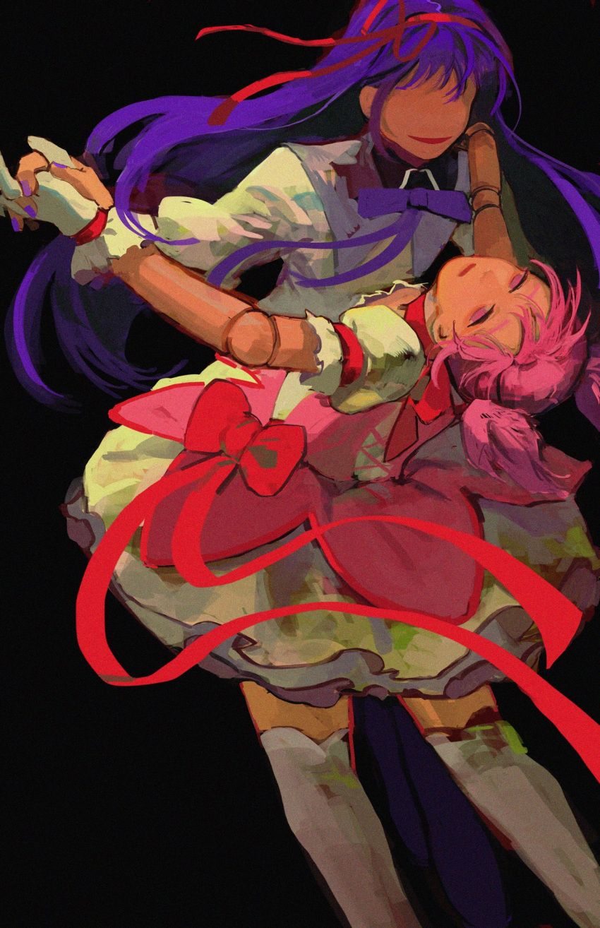 2girls akemi_homura black_background bow bowtie dancing dress dress_bow dummy faceless gloves hair_ribbon hand_on_another's_shoulder highres holding_hands kaname_madoka long_hair mahou_shoujo_madoka_magica multiple_girls open_mouth pink_dress pink_eyes pink_hair purple_bow purple_bowtie purple_hair red_ribbon ribbon short_twintails simple_background thighhighs twintails white_gloves white_thighhighs wintrchu