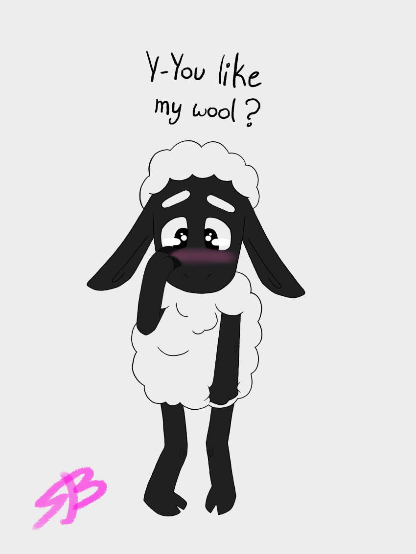 absurd_res amanda_the_adventurer anthro blush bovid caprine fluffy fur hi_res male mammal sheep simple_background simple_coloring simple_eyes solo swift_bristle white_background wool_(fur) wooly_(amanda_the_adventurer)