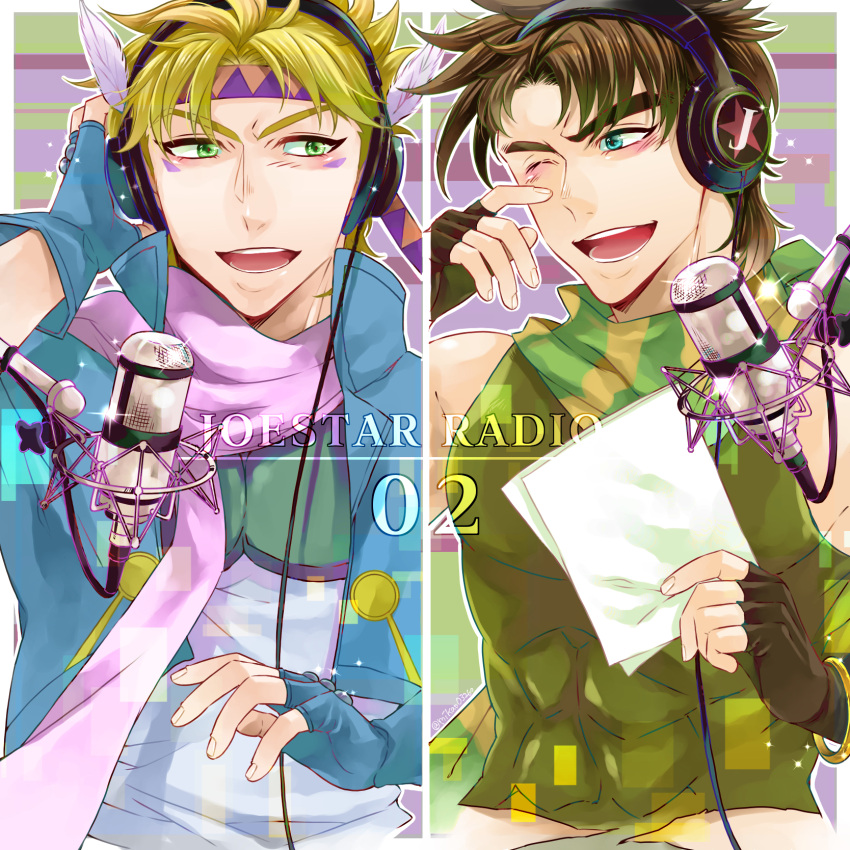 2boys battle_tendency blonde_hair blue_eyes brown_hair caesar_anthonio_zeppeli facial_mark feather_hair_ornament feathers fingerless_gloves gloves green_eyes hair_ornament headband headphones highres holding holding_paper jojo_no_kimyou_na_bouken joseph_joestar joseph_joestar_(young) male_focus microphone mikan03260 multiple_boys one_eye_closed paper recording_studio shirt tight tight_shirt triangle_print