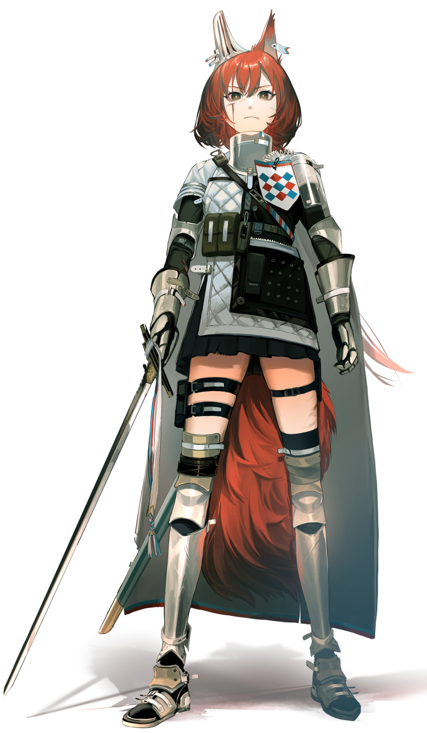 1girl absurdres animal_ears arknights armor belt_pouch black_footwear black_skirt black_thighhighs brown_eyes cape closed_mouth coat cuts dirty ear_armor flametail_(arknights) full_body gambeson gauntlets greaves hair_between_eyes highres holding holding_sword holding_weapon injury knee_pads legs_apart long_hair looking_at_viewer miniskirt oxy_(ho2) pleated_skirt pouch red_hair shoes shoulder_armor simple_background single_thighhigh skindentation skirt solo squirrel_ears squirrel_girl squirrel_tail standing strap sword tail thigh_pouch thigh_strap thighhighs thighs v-shaped_eyebrows weapon white_background white_cape white_coat