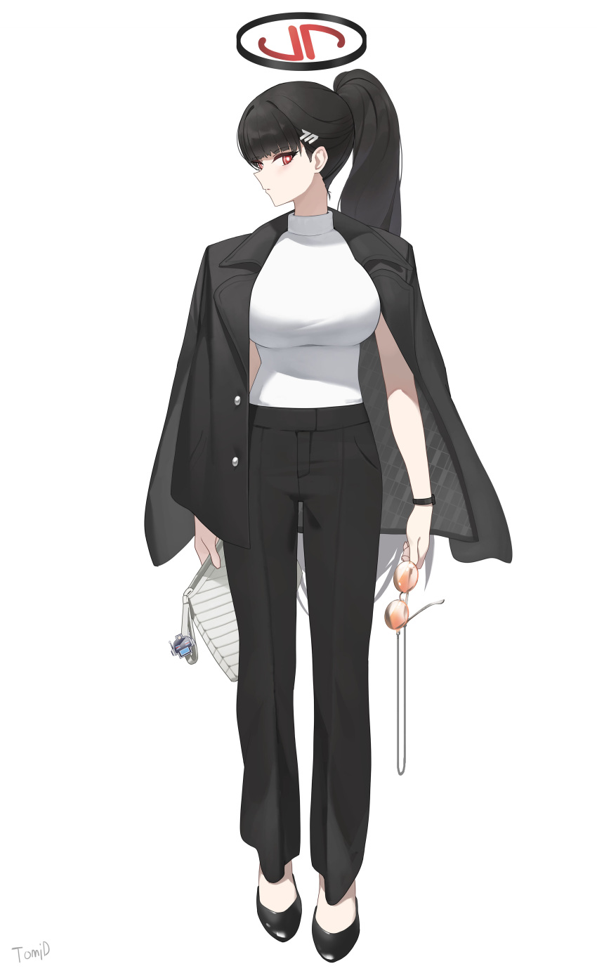 1girl absurdres alternate_costume artist_name avant_garde_(blue_archive) bag black_hair black_jacket black_pants blue_archive blush breasts casual eyewear_removed full_body highres holding holding_bag holding_removed_eyewear jacket jacket_on_shoulders large_breasts looking_at_viewer pants ponytail profile red_eyes rio_(blue_archive) shirt_tucked_in sideways_glance simple_background solo tomid watch white_background wristwatch