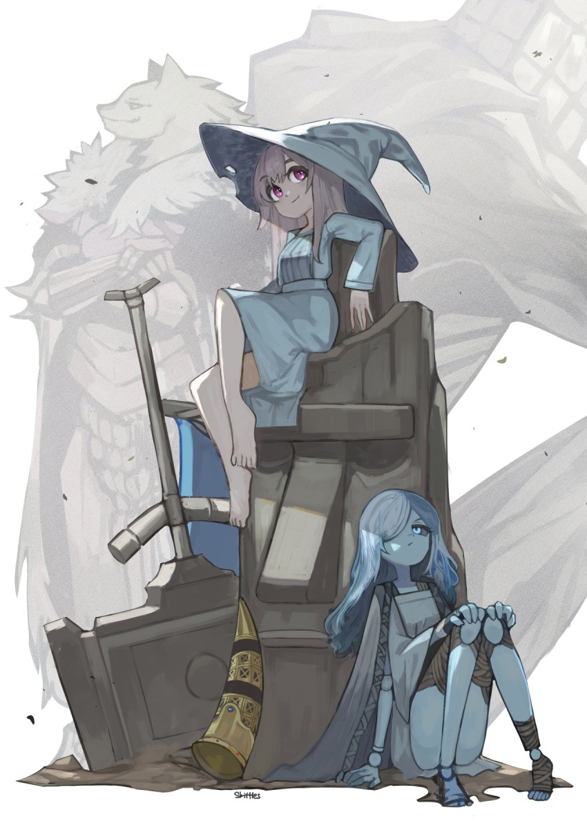 armor barefoot blaidd_the_half-wolf blue_eyes blue_hair blue_skin colored_skin doll_joints dress elden_ring extra_arms fur_trim grey_hair hair_over_one_eye hat highres hololive hololive_english horn_(instrument) joints koseki_bijou moai purple_eyes ranni_the_witch sitting trustyskittles virtual_youtuber war_counselor_iji war_hammer weapon werewolf witch_hat