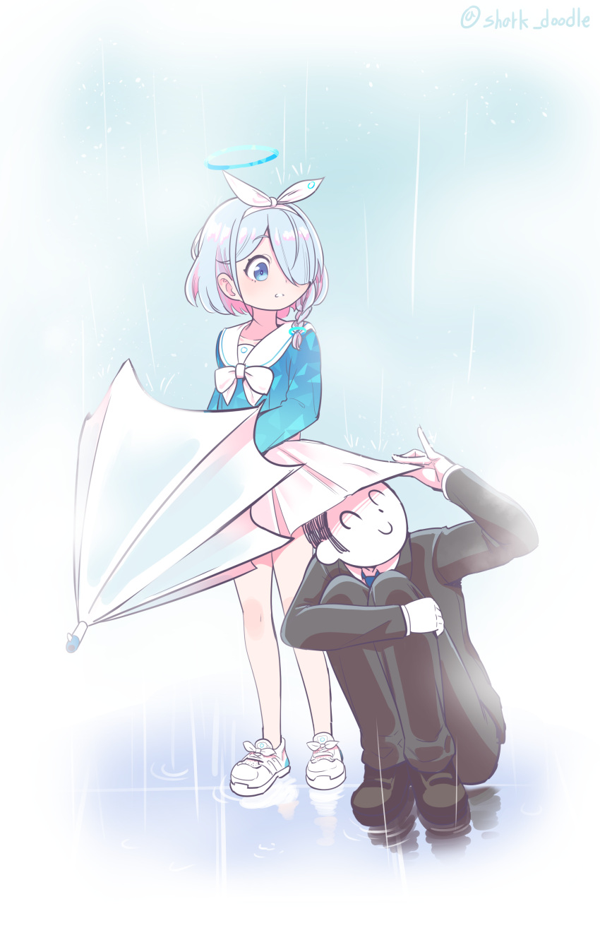 1boy 1girl absurdres aqua_eyes aqua_hair arona's_sensei_doodle_(blue_archive) arona_(blue_archive) blue_archive braid business_suit clothes_lift colored_inner_hair doodle_shark formal hair_ornament highres holding holding_umbrella long_sleeves looking_at_another mixed-language_commentary multicolored_hair necktie parted_lips pleated_skirt rain school_uniform sensei_(blue_archive) shoes short_hair sidelocks single_braid skirt skirt_lift sneakers squatting suit surprised taking_cover umbrella